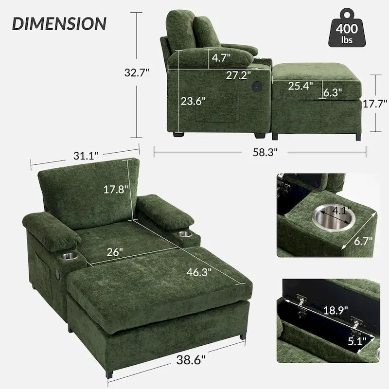 Chenille Oversized Chair with Ottoman & USB