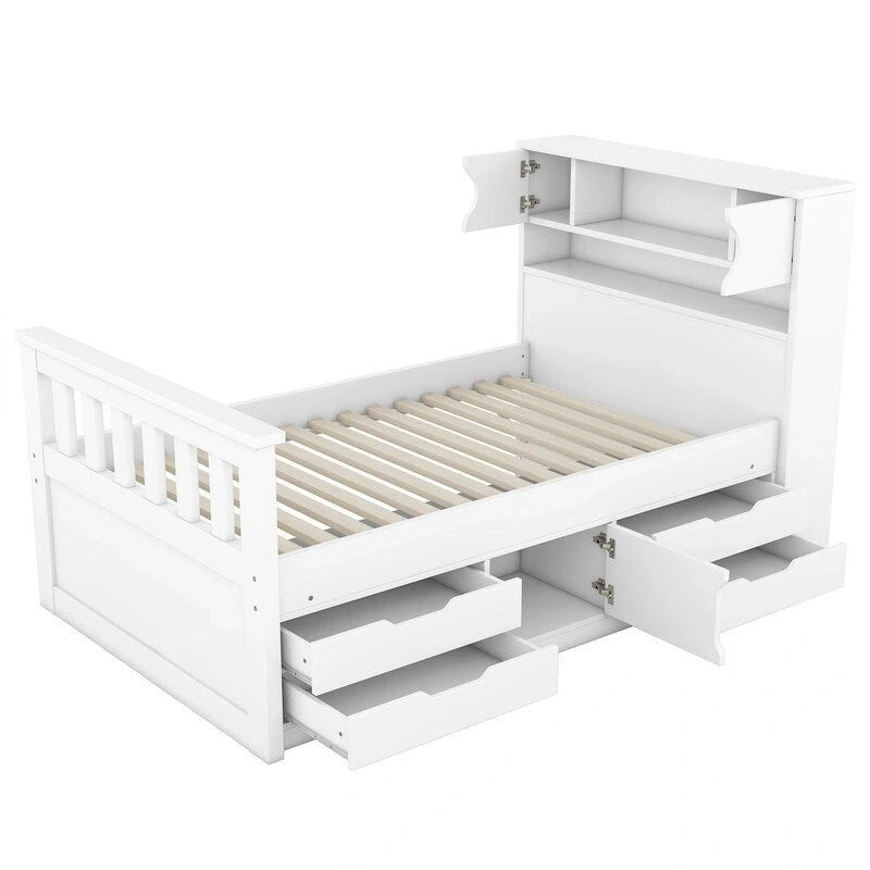 Twin/Full Size Captain Platform Bed with 4 Drawers and Storage Shelves, Solid Wood Bed Frame with Storage Bookcase Headboard