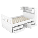Twin/Full Size Captain Platform Bed with 4 Drawers and Storage Shelves, Solid Wood Bed Frame with Storage Bookcase Headboard