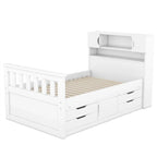 Twin/Full Size Captain Platform Bed with 4 Drawers and Storage Shelves, Solid Wood Bed Frame with Storage Bookcase Headboard