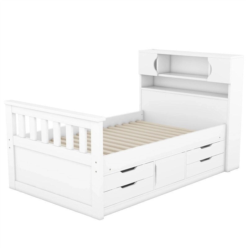Twin/Full Size Captain Platform Bed with 4 Drawers and Storage Shelves, Solid Wood Bed Frame with Storage Bookcase Headboard
