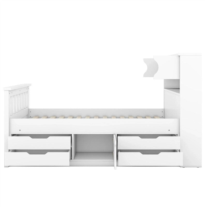 Twin/Full Size Captain Platform Bed with 4 Drawers and Storage Shelves, Solid Wood Bed Frame with Storage Bookcase Headboard