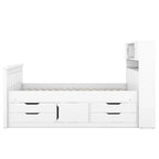 Twin/Full Size Captain Platform Bed with 4 Drawers and Storage Shelves, Solid Wood Bed Frame with Storage Bookcase Headboard