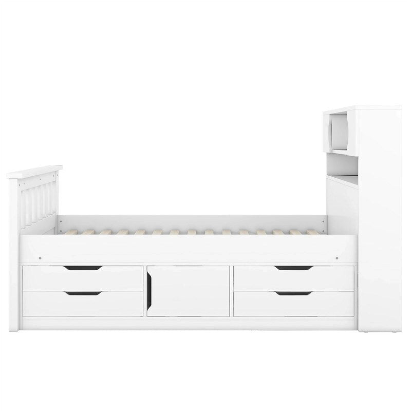 Twin/Full Size Captain Platform Bed with 4 Drawers and Storage Shelves, Solid Wood Bed Frame with Storage Bookcase Headboard