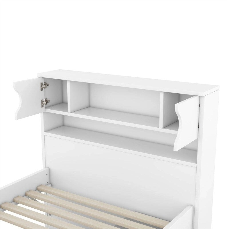 Twin/Full Size Captain Platform Bed with 4 Drawers and Storage Shelves, Solid Wood Bed Frame with Storage Bookcase Headboard