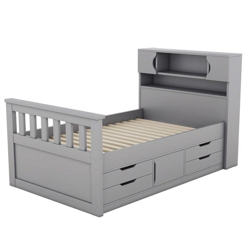 Twin/Full Size Captain Platform Bed with 4 Drawers and Storage Shelves, Solid Wood Bed Frame with Storage Bookcase Headboard