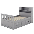 Twin/Full Size Captain Platform Bed with 4 Drawers and Storage Shelves, Solid Wood Bed Frame with Storage Bookcase Headboard