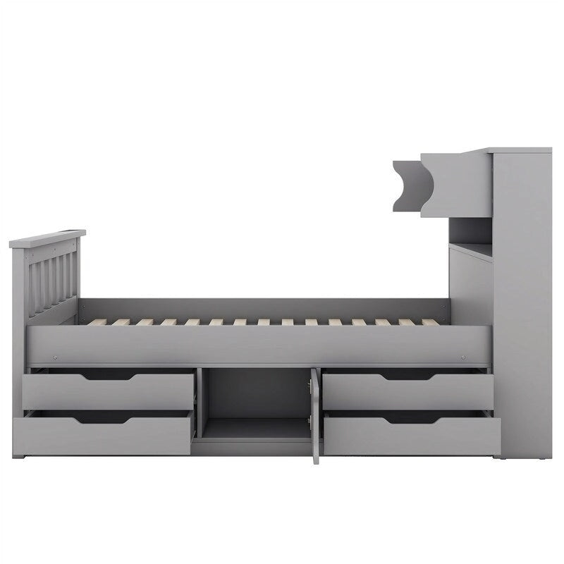 Twin/Full Size Captain Platform Bed with 4 Drawers and Storage Shelves, Solid Wood Bed Frame with Storage Bookcase Headboard