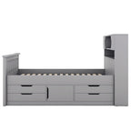 Twin/Full Size Captain Platform Bed with 4 Drawers and Storage Shelves, Solid Wood Bed Frame with Storage Bookcase Headboard