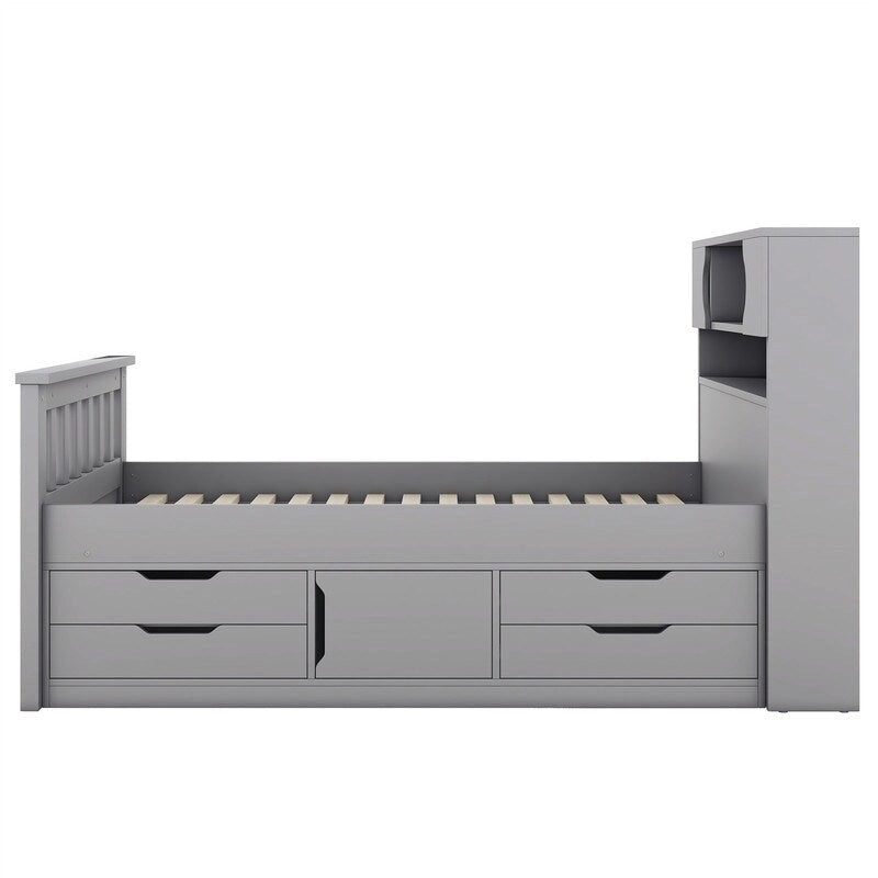 Twin/Full Size Captain Platform Bed with 4 Drawers and Storage Shelves, Solid Wood Bed Frame with Storage Bookcase Headboard