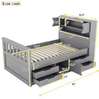 Twin/Full Size Captain Platform Bed with 4 Drawers and Storage Shelves, Solid Wood Bed Frame with Storage Bookcase Headboard