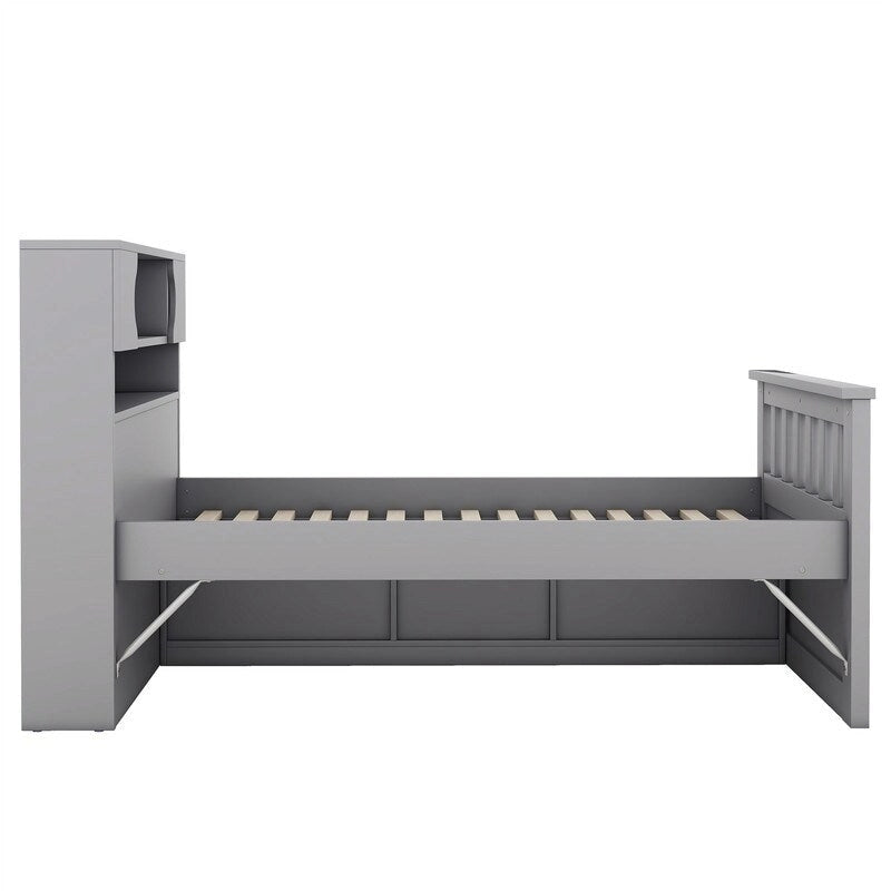 Twin/Full Size Captain Platform Bed with 4 Drawers and Storage Shelves, Solid Wood Bed Frame with Storage Bookcase Headboard