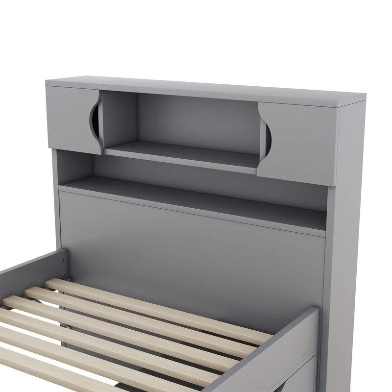 Twin/Full Size Captain Platform Bed with 4 Drawers and Storage Shelves, Solid Wood Bed Frame with Storage Bookcase Headboard