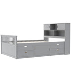 Twin/Full Size Captain Platform Bed with 4 Drawers and Storage Shelves, Solid Wood Bed Frame with Storage Bookcase Headboard