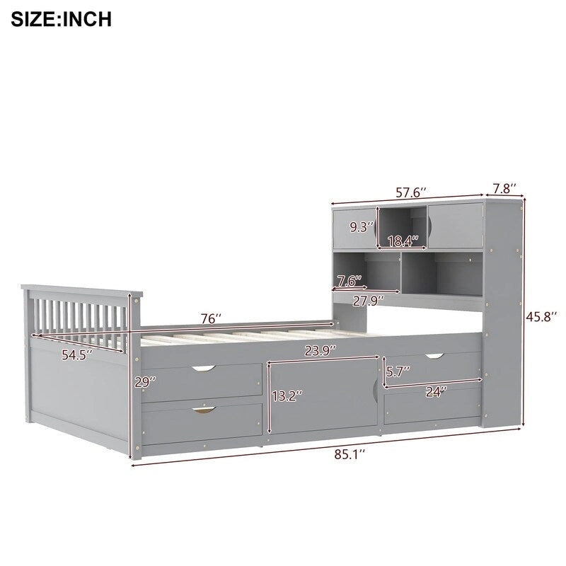 Twin/Full Size Captain Platform Bed with 4 Drawers and Storage Shelves, Solid Wood Bed Frame with Storage Bookcase Headboard