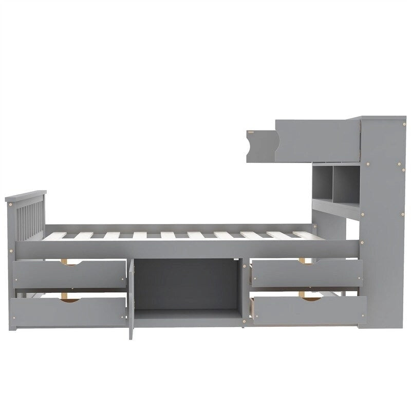 Twin/Full Size Captain Platform Bed with 4 Drawers and Storage Shelves, Solid Wood Bed Frame with Storage Bookcase Headboard
