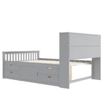 Twin/Full Size Captain Platform Bed with 4 Drawers and Storage Shelves, Solid Wood Bed Frame with Storage Bookcase Headboard