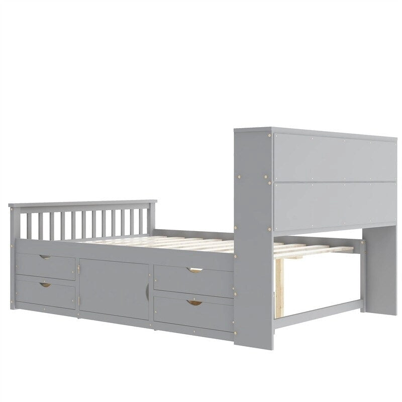 Twin/Full Size Captain Platform Bed with 4 Drawers and Storage Shelves, Solid Wood Bed Frame with Storage Bookcase Headboard
