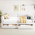 Queen Size Daybed Upholstered Platform Sofa Bed with USB and 2 Drawers, Vertical Stripes Recliner Bed Loveseat Chaise Lounge