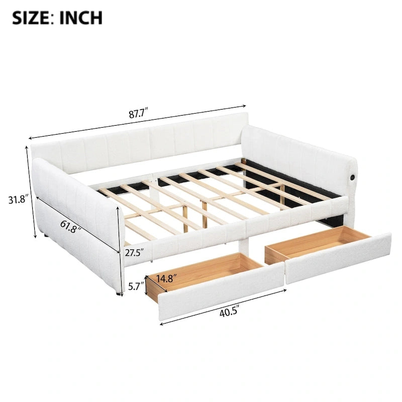 Queen Size Daybed Upholstered Platform Sofa Bed with USB and 2 Drawers, Vertical Stripes Recliner Bed Loveseat Chaise Lounge