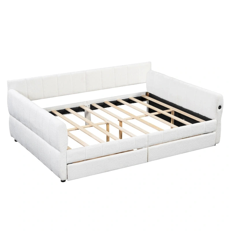Queen Size Daybed Upholstered Platform Sofa Bed with USB and 2 Drawers, Vertical Stripes Recliner Bed Loveseat Chaise Lounge