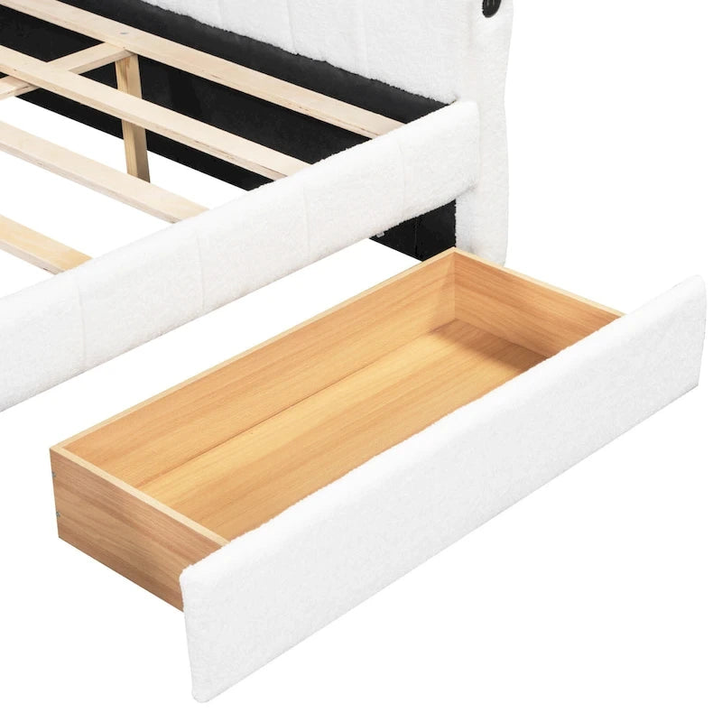Queen Size Daybed Upholstered Platform Sofa Bed with USB and 2 Drawers, Vertical Stripes Recliner Bed Loveseat Chaise Lounge