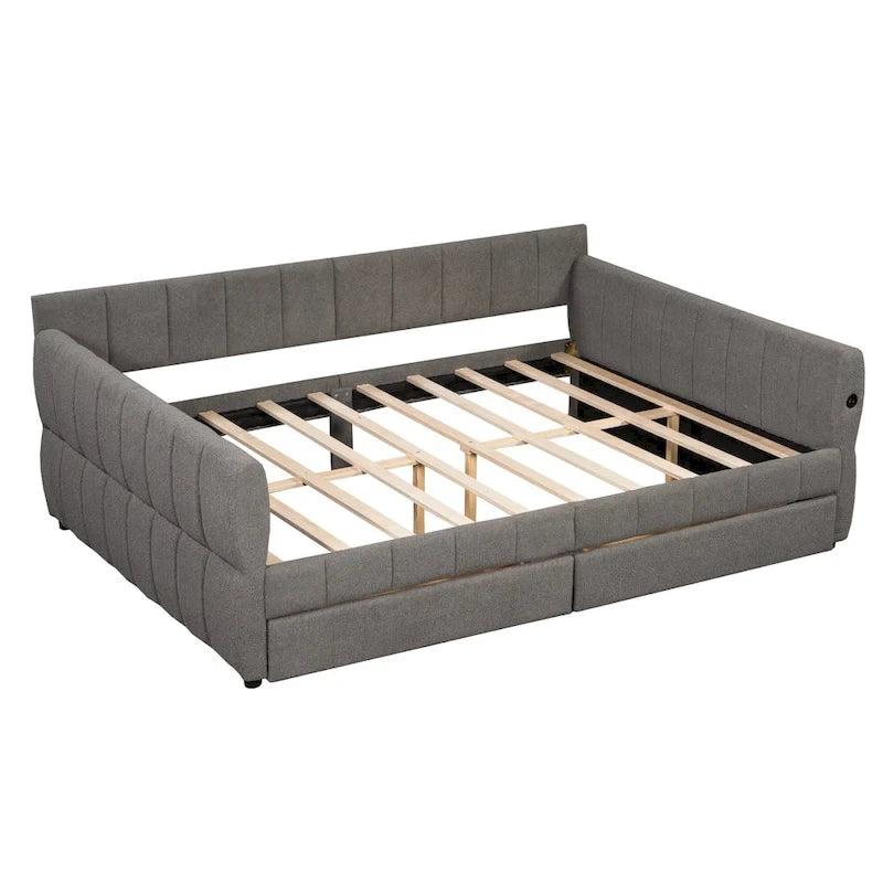 Queen Size Daybed Upholstered Platform Sofa Bed with USB and 2 Drawers, Vertical Stripes Recliner Bed Loveseat Chaise Lounge
