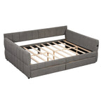 Queen Size Daybed Upholstered Platform Sofa Bed with USB and 2 Drawers, Vertical Stripes Recliner Bed Loveseat Chaise Lounge