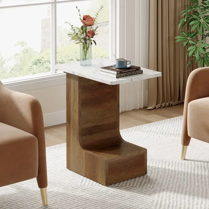 2-Tier C-Shaped Sofa Side Table, Bedside End Table with Faux Marble Tabletop, C Table for Sofa, Bedroom, Living Room