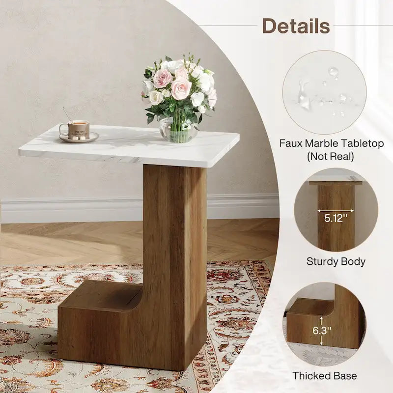 2-Tier C-Shaped Sofa Side Table, Bedside End Table with Faux Marble Tabletop, C Table for Sofa, Bedroom, Living Room