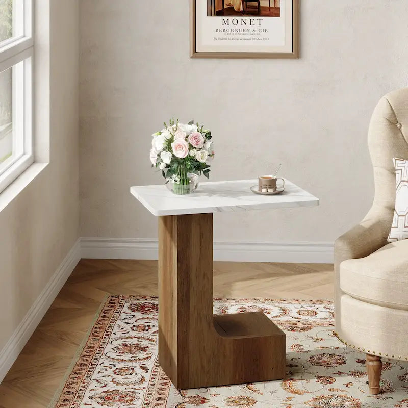 2-Tier C-Shaped Sofa Side Table, Bedside End Table with Faux Marble Tabletop, C Table for Sofa, Bedroom, Living Room