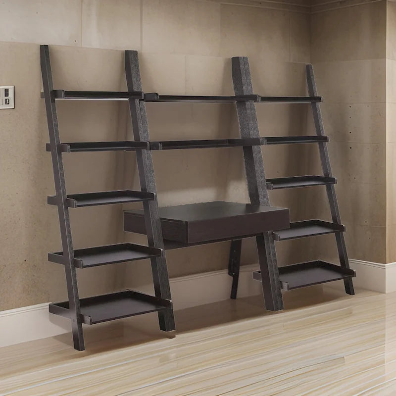 Api 3 Piece Angular Ladder Desk Set, 1 Drawer, 12 Shelves, Cappuccino Brown
