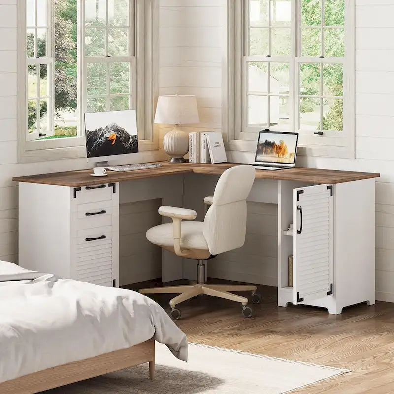 L Shaped Executive Computer Desk with Power Outlets and Type-C & USB Ports