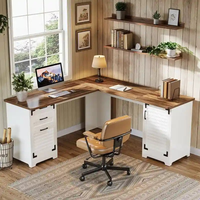 L Shaped Executive Computer Desk with Power Outlets and Type-C & USB Ports