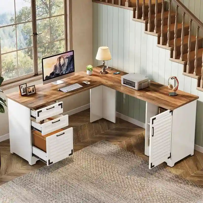 L Shaped Executive Computer Desk with Power Outlets and Type-C & USB Ports