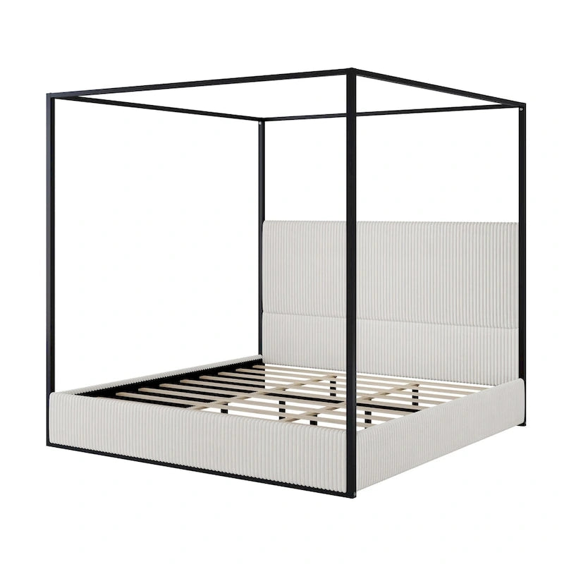 Metal Canopy Frame Platform Bed with Vertical Stripe Upholstered Headboard Wingback Bed, Four Poster Bed, Low Profile Panel Bed