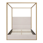 Metal Canopy Frame Platform Bed with Vertical Stripe Upholstered Headboard Wingback Bed, Four Poster Bed, Low Profile Panel Bed
