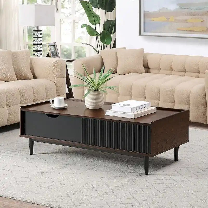  Comfort Duane Modern Ribbed Coffee Table with Drawer and Shelf