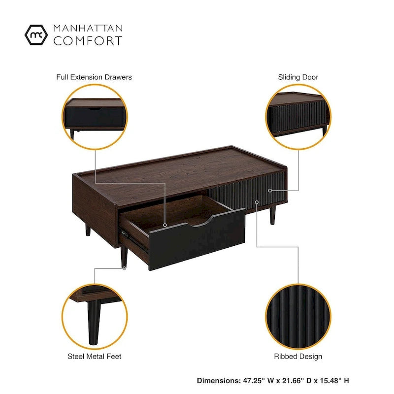 Comfort Duane Modern Ribbed Coffee Table with Drawer and Shelf