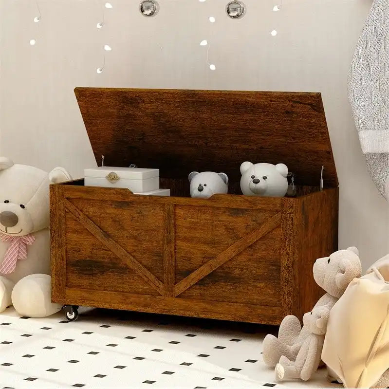 Wooden Storage Bench on Wheels with Brakes