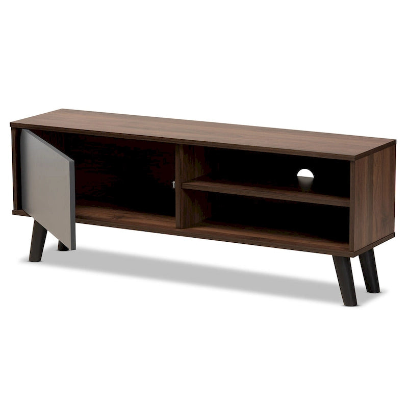 Two-Tone Walnut Brown and Grey Finished Wood TV Stand
