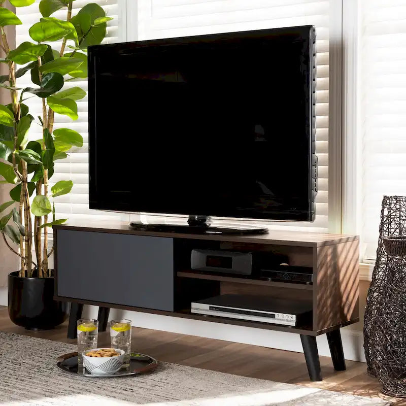 Two-Tone Walnut Brown and Grey Finished Wood TV Stand