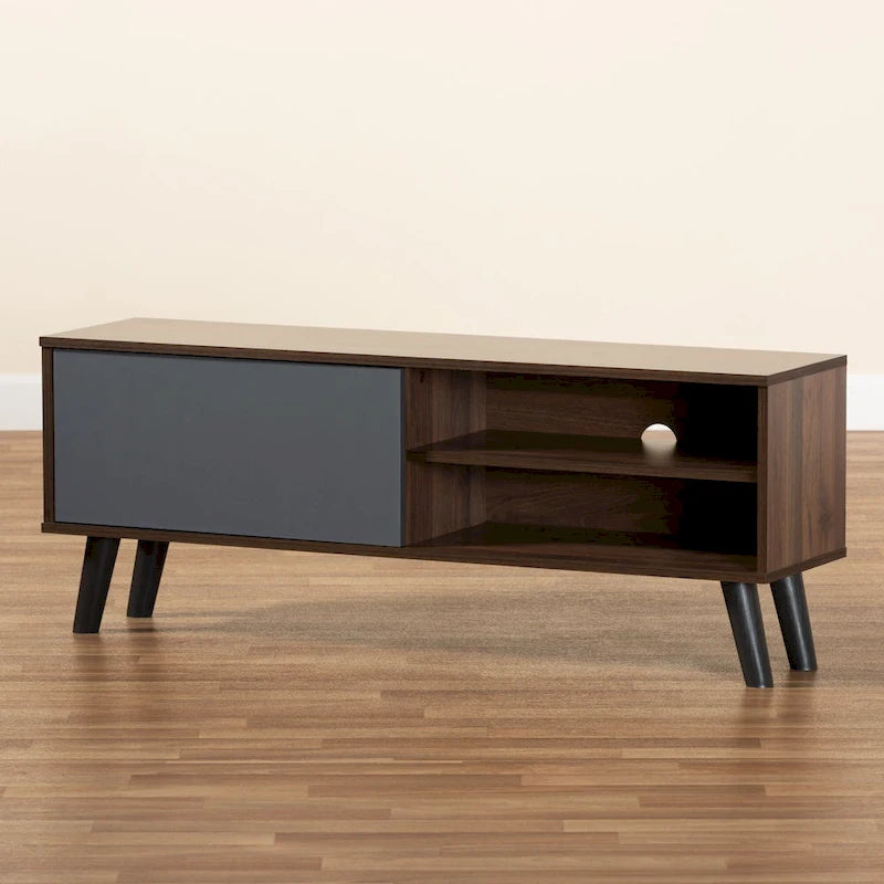 Two-Tone Walnut Brown and Grey Finished Wood TV Stand
