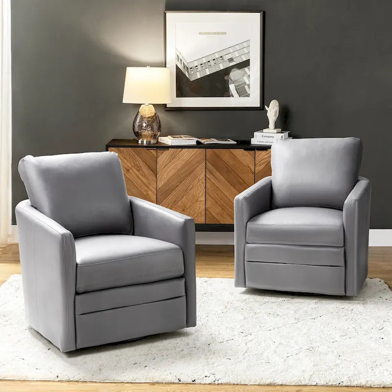 Transitional Swivel Faux Leather Barrel Chair with Metal Base