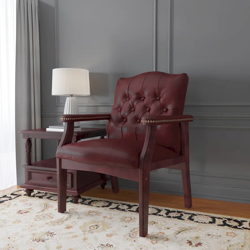 Button-tufted Vinyl Guest Chair with Antique-brass Nailhead Trims