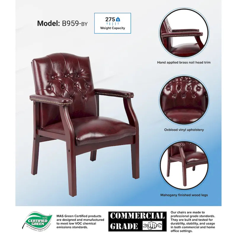 Button-tufted Vinyl Guest Chair with Antique-brass Nailhead Trims