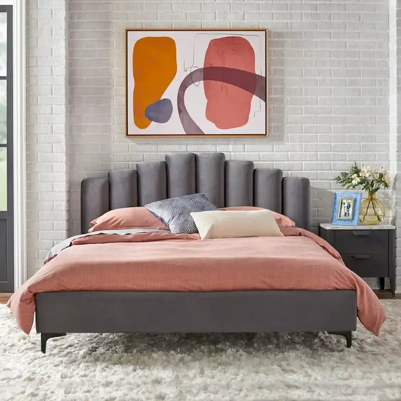  Stark Velvet Upholstered Modern Queen Platform Bed
