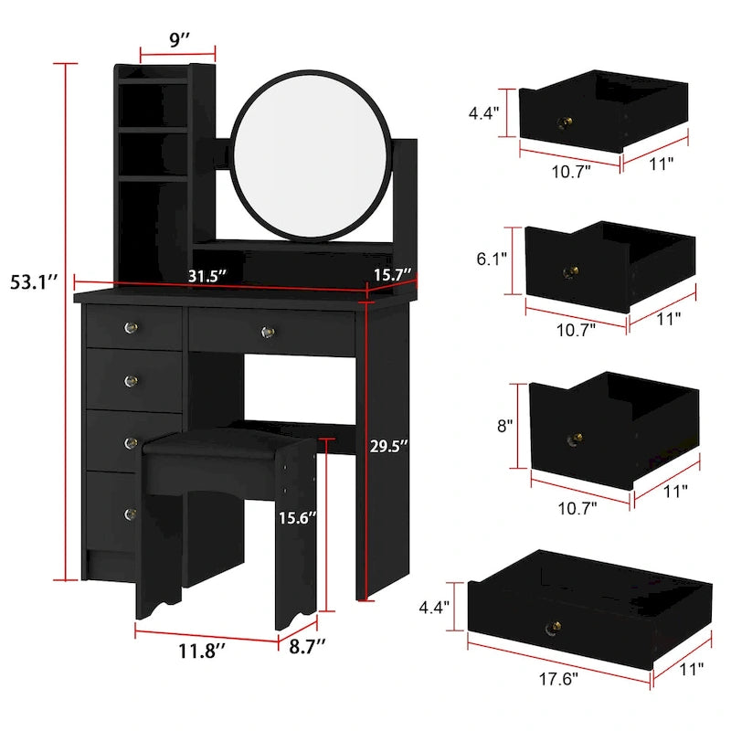 Makeup Vanity Set Dresser w/Mirror Stool 5 Drawers - White/Pink/Black - 31.5L x 15.7W x 52H