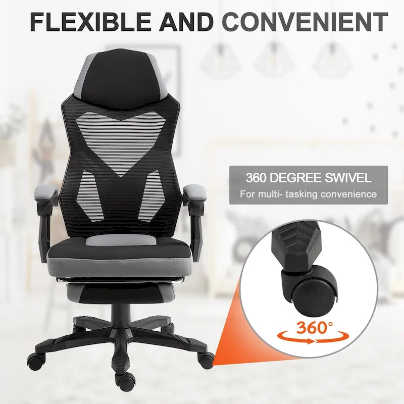Home Office Chair Adjustable Height Recliner with Retractable Footrest, Mesh Back