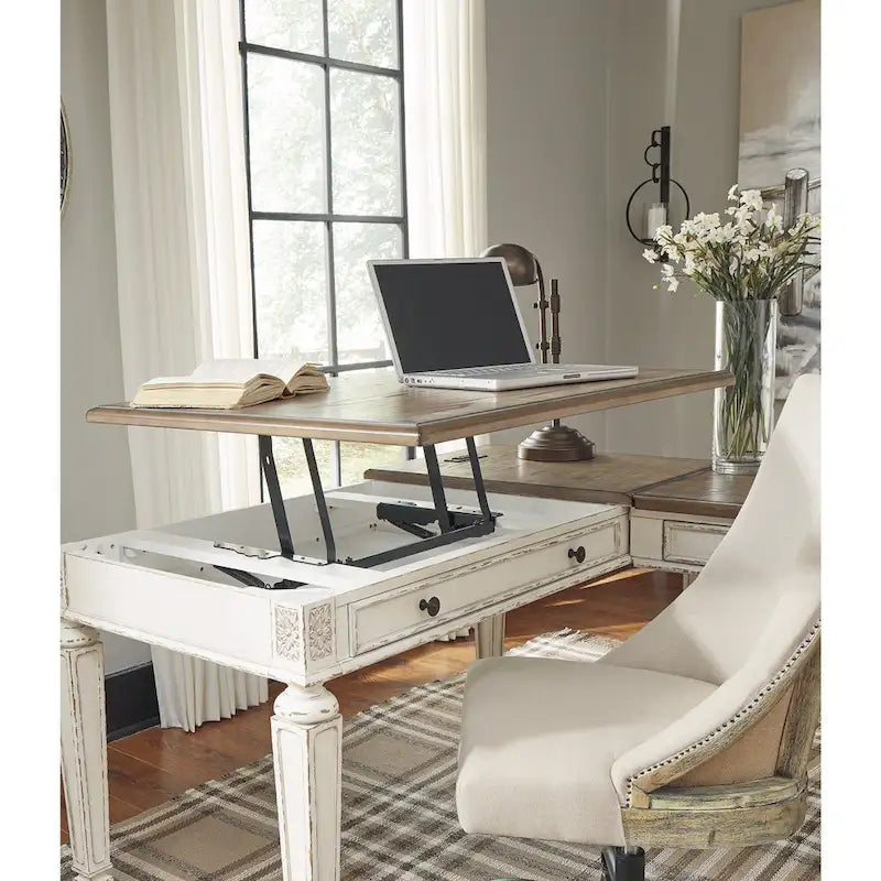 Realyn Antique White/Brown 2-Piece Home Office Lift Top Desk